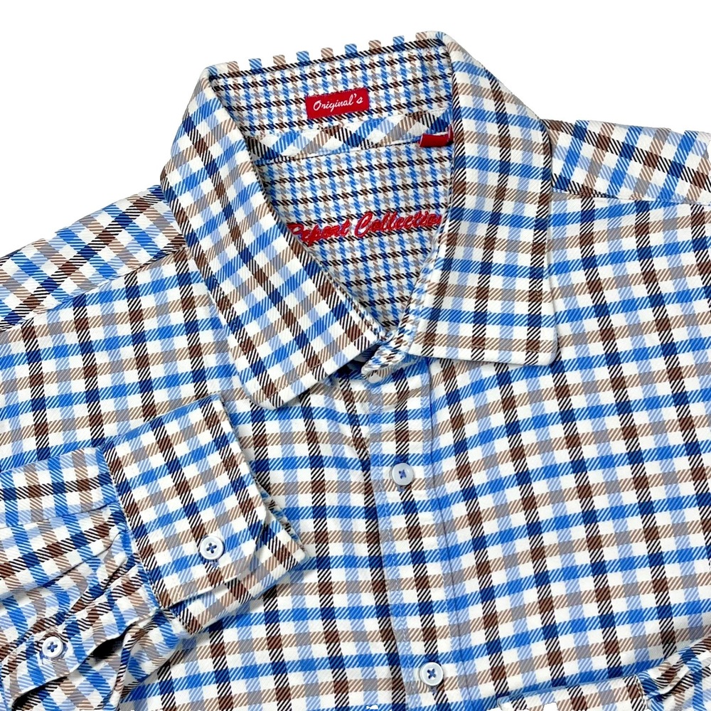 Report Collection Originals Button Up Shirt Men's XL Blue Brown Plaid Business